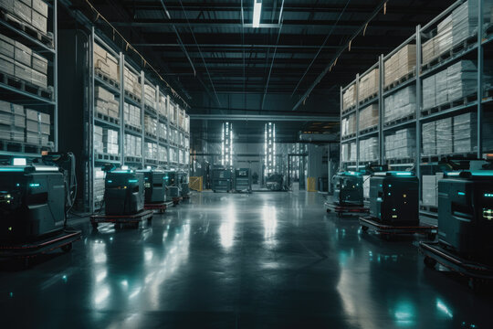 Generative AI image of loading shipment robots parked on shiny floor near shelves with goods in spacious warehouse with illuminated lights in night