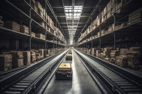 Generative AI image of interior of spacious warehouse with automated robotics with sensors between rail roads and shelves full of goods for shipping