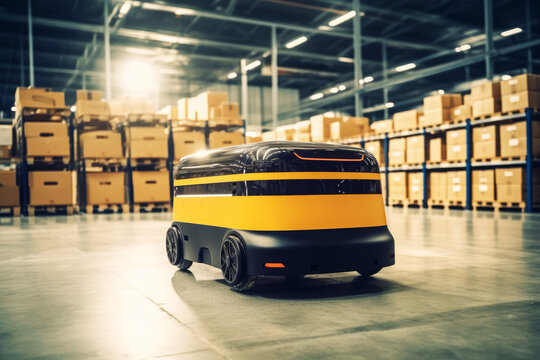 Generative AI image of delivery robot with sensors and reflecting glass parked in spacious warehouse with goods in shelves under daylight from roof