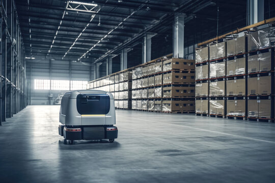 Generative AI image of delivery robot parked in modern warehouse with stacks of goods in shelves and waiting for transport and shipment in daylight
