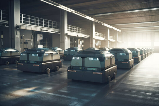 Generative AI image of delivery robots parked in line in illuminated lights for shipping of various activities of transportation in modern warehouse