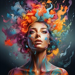 Fototapeta premium Canvas of Resilience: A Woman's Vibrant Journey Through Mental Challenges. Generated AI
