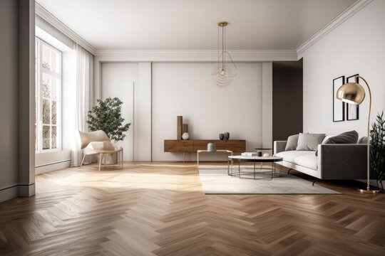 Mockup of an empty living room with a white painted wall and a brown old wooden floor. can be applied to interior design. Generative AI