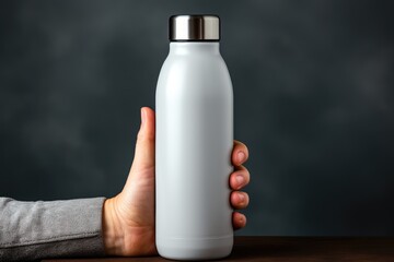 The hand is holding a tumbler thermos bottle for a mockup. eco friendly stainless steel thermo bottles.