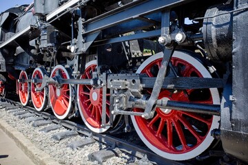 Old German steam locomotive, The heaviest locomotive, Detail and close-up of huge wheels.