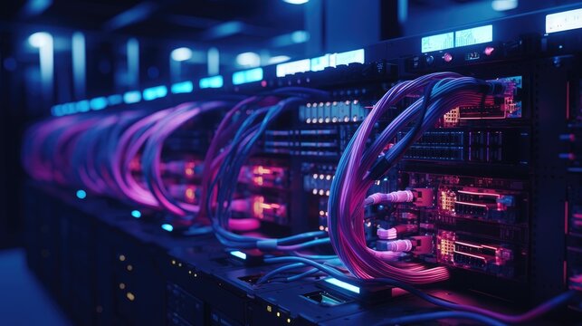 Fiber Optical cables connected to an optic ports and Network cables connected to ethernet ports, Generative AI