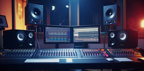 Shot of a modern music record studio control desk