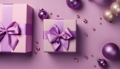 Top view photo of lilac gift boxes with ribbon bow