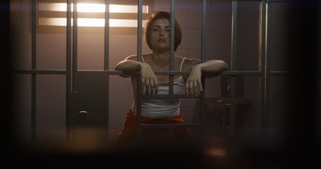 Female prisoner in orange uniform holds hands on bars, stands in jail cell, looks at camera. Woman criminal serves imprisonment term in prison. Detention center or correctional facility. Portrait.
