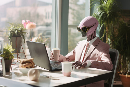 Alien as a human being working job from office laptop. Realistic daily scene with paranormal creature in casual business suit. Illustration, Generative AI.