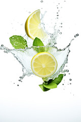 A slice of lemon falling into the water. Generative AI. Green mint leaves and refreshing citrus taste.