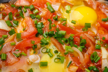 hot shakshuka sprinkled with green onions and spices close-up.