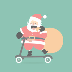 merry christmas and happy new year with cute santa claus with scooter and present gift bag in the winter season green background, flat vector illustration cartoon character costume design