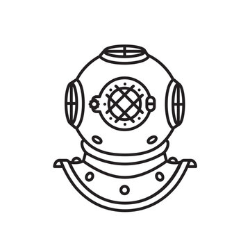 Vintage diver's helmet vector line icon  for Cousteau Day on June 11