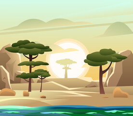 Landscape seashore. Sand beach near water. Coastal waves. Cartoon fun style. Flat design. Vector