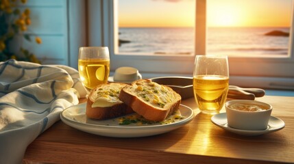 Breakfast with sea view, bread and wine