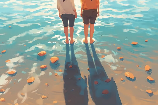 Two People Dipping Feet Into The Sea Water With Looking Down Angle At Sunny Day, Digital Painting Art