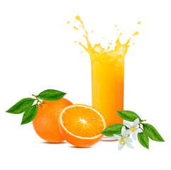 Orange fruit i and orange juice, splash,isolate on white  background