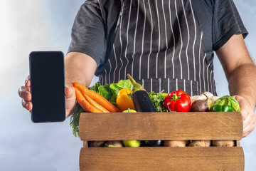 Farm organic market shopping concept, Wooden box with summer, autumn raw vegetables and fruits, in...