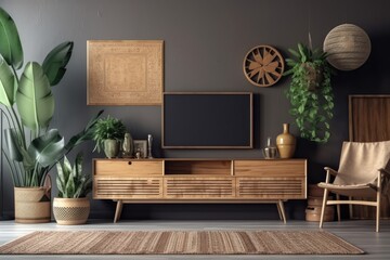 modern living room with green plants and a retro styled wooden bureau. A comfortable room at home with a garden and a television with an empty screen. a mockup. Generative AI