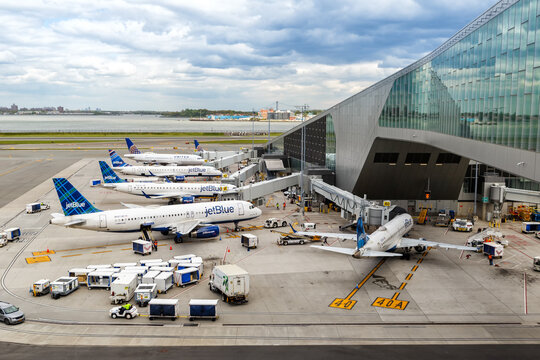 JetBlue airplanes at Terminal B of New York LaGuardia Airport (LGA) in the United States