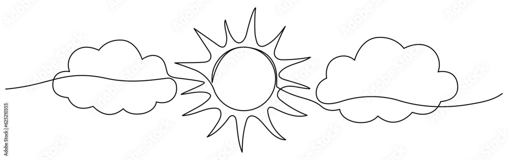 Wall mural sun with cloud continuous one line drawn. sky linear symbol. vector illustration isolated on white.