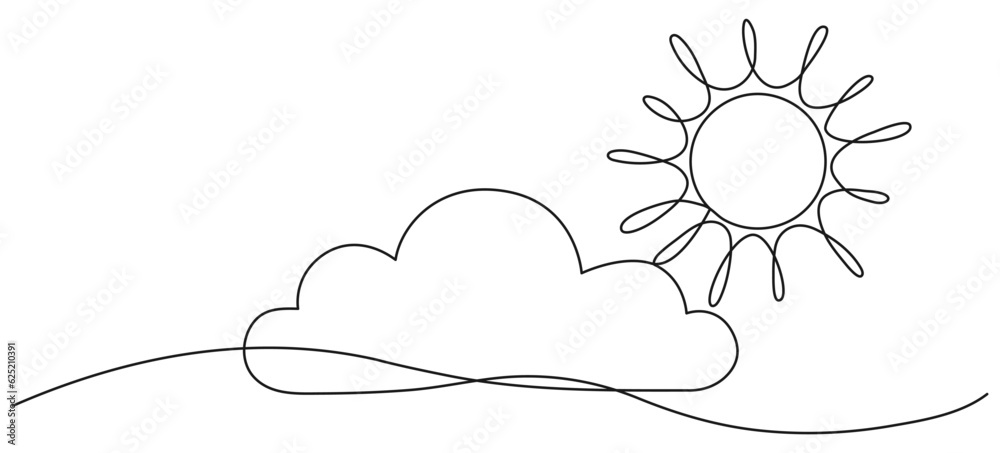 Wall mural sun with cloud continuous one line drawn. sky linear symbol. vector illustration isolated on white.