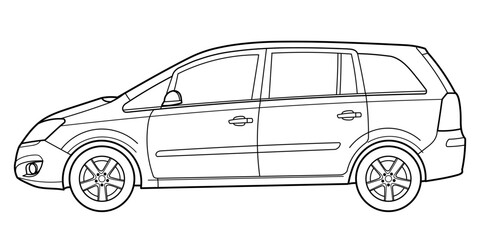 Classic minivan bus car. Side and rear view shot. Outline doodle vector illustration	
