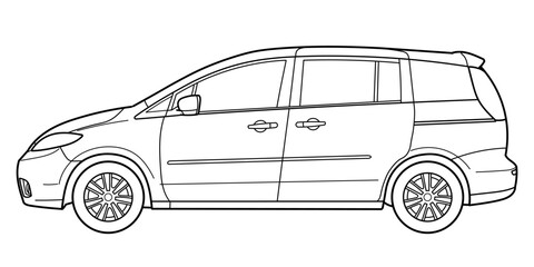 Fototapeta premium Classic minivan bus car. Side and rear view shot. Outline doodle vector illustration 