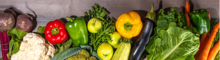 Farm organic market shopping concept, Wooden box with summer, autumn raw vegetables and fruits 