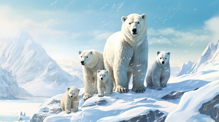 Obraz na płótnie Canvas Mother polar bear with cubs. Created with Generative Ai technology.
