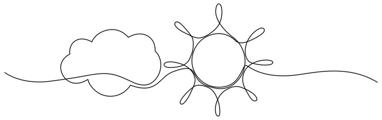 Sun with cloud continuous one line drawn. Sky linear symbol. Vector illustration isolated on white.