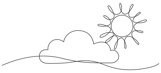 Sun with cloud continuous one line drawn. Sky linear symbol. Vector illustration isolated on white.