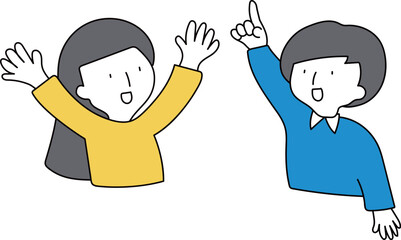 バンザイする女性と指さしする男性