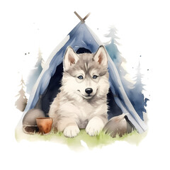 Illustration watercolor of a happy husky grey fluffy hair  laying inside camping tent isolated white background, concept of warm cozy vibe
