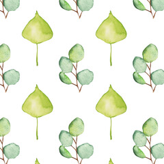 Seamless pattern green leaves trees and branches, foliage of natural branches, green leaves, herbs, tropical plants hand drawn watercolor on white background.