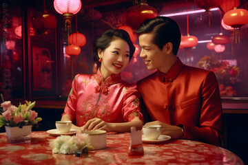 A Chinese couple in Chinese traditional wedding dress sitting and smiling to each other in restaurant full of red traditional hanging lanterns 