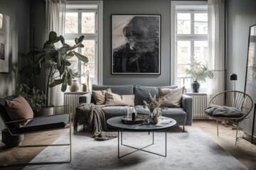 Modern paintings, decorations, a plant, a gray sofa, an armchair, a marble stool, a black coffee table, and stylish personal accessories are included in this stylish scandinavian house interior of the