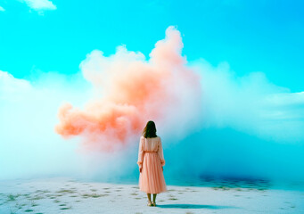 Beautiful girl around on a color fluffy cloud, AI Generated