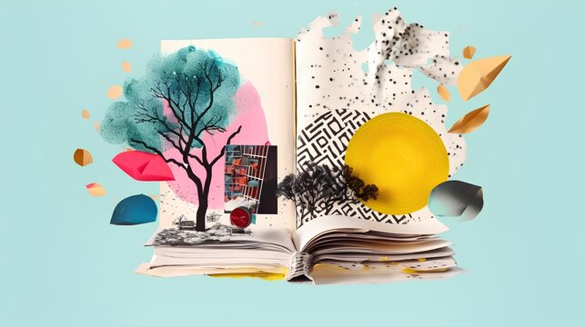 Art style collage reflects the concept of reading books, symbolizing the joy of literary exploration, the thirst for knowledge, and the immersive experiences offered by literature. Generative AI