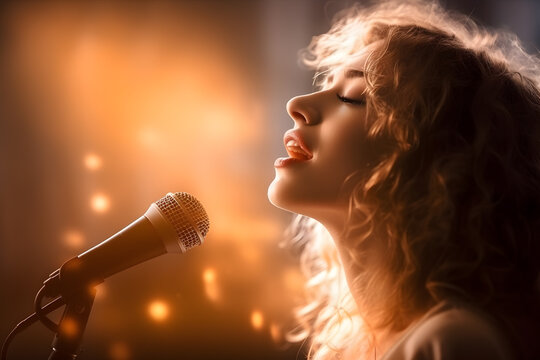 A blond curly hair woman singing into microphone on stage in romantic dreamy light amber atmospheres with glitter, in the style of classic hollywood glamour
