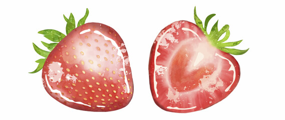 Juicy shiny red strawberries on a white background. Freehand drawing. A whole red strawberry, half a strawberry on a white background. Berry for designs, patterns, labels.