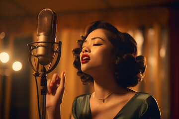 A Chinese black curly short hair woman in silky teal dress singing into microphone with a hand up in romantic dreamy light amber atmospheres with glitter, style of classic hollywood glamour