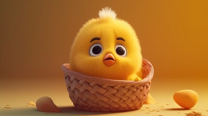 basket with cute little chick in cartoon style. Created with Generative AI.