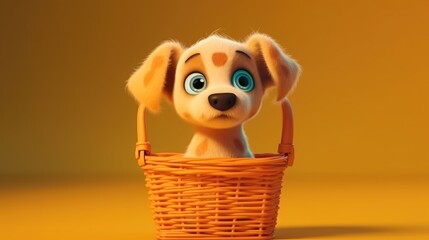 basket with cute little dog in cartoon style. Created with Generative AI.