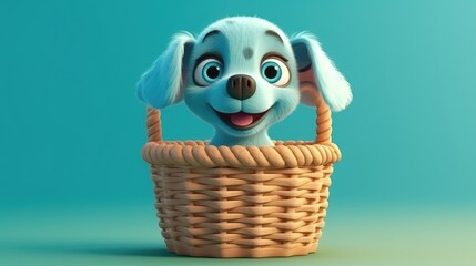 basket with cute little dog in cartoon style. Created with Generative AI.