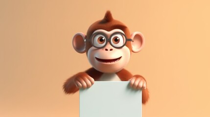 Cute happy cartoon monkey holding a blank sign. Created with Generative AI.
