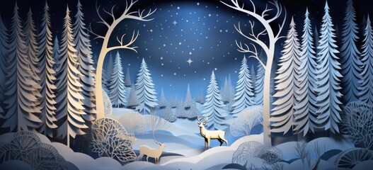 Winter landscape with deer among snow-covered firs. Starlit night sky with Santas sleigh. Concept of magical Christmas eve.