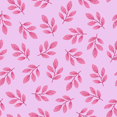 Pink foliage seamless pattern with hand drawn textured leaves and brunches. Cute feminine leaf allover print. Trendy monochrome pink botanical illustration 