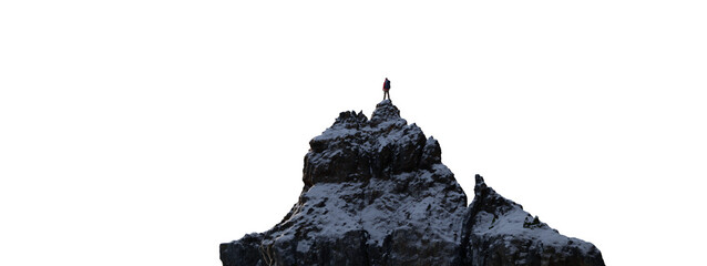 Adventure hiker standing on top of rock mountain peak. PNG cutout. 3d